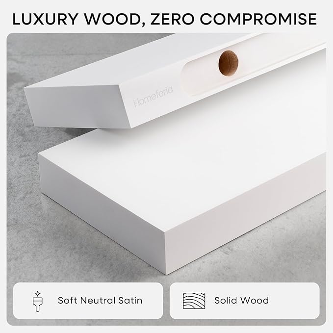 Homeforia Floating White Shelf 60 inches, High End Solid Real Wood 60inch Long Floating Shelves for Wall Mounted, White Wooden 60in Floating Shelves, Heavy Duty Bracket, 60 X 6.5 X 1.75 inch, Set of 2