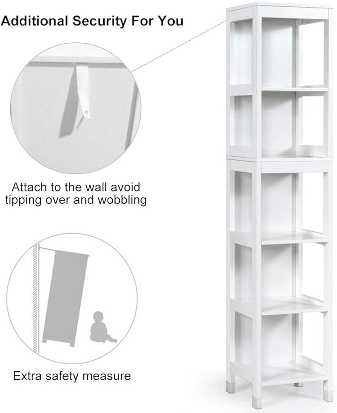 Tangkula Tall Bathroom Storage Cabinet, Freestanding 57" H Tall Slim Bathroom Floor Cabinet with 3 Tier Open Shelves and 2 Drawers, Multifunction Organizer Wooden Tower (White)