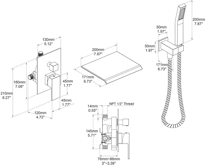 Wall Mount Tub Filler Waterfall Tub Faucet Chrome Bathtub Faucet Brass Single Handle Bathroom Faucet with Hand Shower