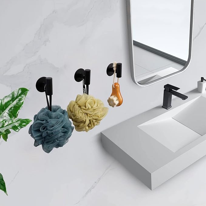 TocTen Bath Towel Hook, Strong Self Adhesive Robe Hook, SUS 304 Stainless Steel Stick on Wall Coat/Clothes Hook No Drilling, Shower Wall Hook for Bathroom Kitchen Office Closet(Matte Black, 3 Pack)