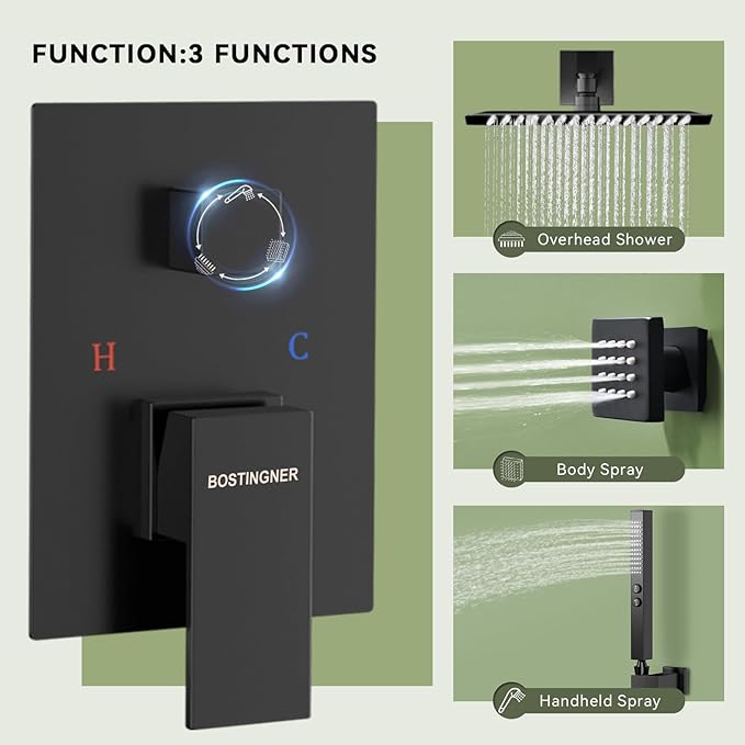 Shower Faucets Sets Shower System with Body Jets, Bostingner 10" Rain Shower Head with 2 In 1 Handheld Spray and 4 Jets, Wall Mounted All Metal 3 Way Shower Set with Valve and Trim Kit, Matte Black