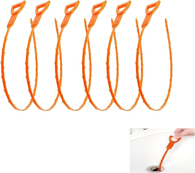 6PCS 25inch Drain Clog Remover Tool,hair clog remover tool,sink snake drain hair removal,for sink drain snake for bathtub,home shower tub snake clog remover,plastic drain cleaner tool