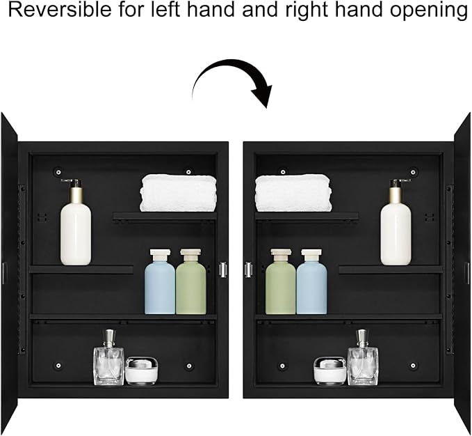 Fundin Black Medicine Cabinet with 16 x 20 Beveled Mirror & Adjustable Staggered Shelves, Recessed or Surface Mount Bathroom Medicine Cabinet