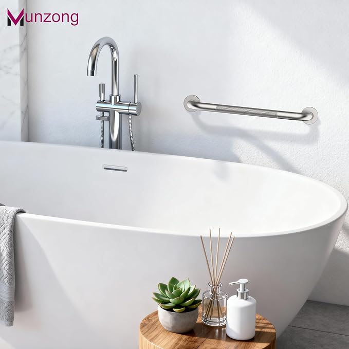 16 Inch Anti Slip Shower Grab Bar,Munzong 2 Pack Handicap Grab Bars,Brushed Nickel Knurled Bathroom Balance Bar,Safety Hand Rail Support Elderly Senior Bath Handle