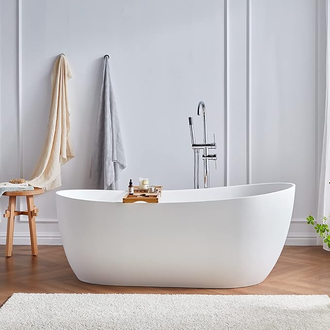 Cpingao 63" Stone Resin Solid Surface Freestanding Bathtub, Modern Stand Alone Soaking Tub with Overflow and Pop Up Drain, One-Piece Molding Matte White 8828-1600