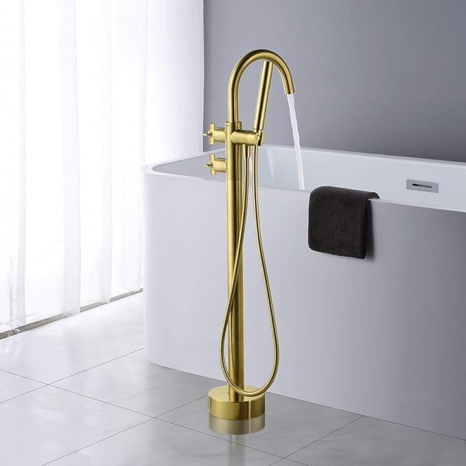 Freestanding Tub Filler Bathtub Faucet Brushed Gold Floor Mount Brass Bathroom Faucets with Hand Shower