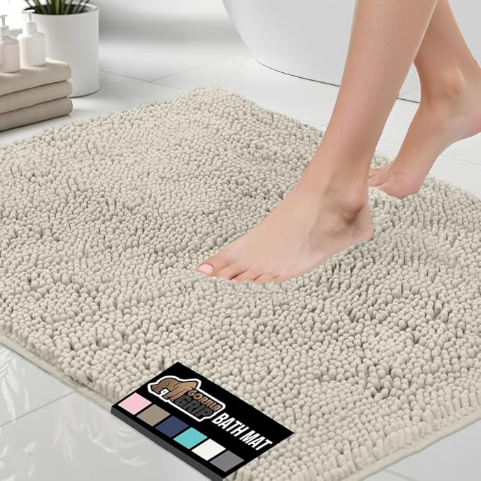 GORILLA GRIP Bath Rug Mat 36x24, Soft Absorbent Chenille, Quick Dry Microfiber Mats, Rubber Backing Washable Shower Floor Rugs, Bathmat Runner, US Designed Bathroom Home Decor Accessories Ivory Cream