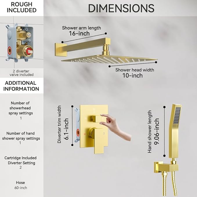 Shower Faucet Set Brushed Gold Shower System, Starbath 10" Rain Shower Head and Handheld Spray Shower Set Complete Wall Mounted,2 Way Pressure Balance Shower Valve and Trim Kit Included