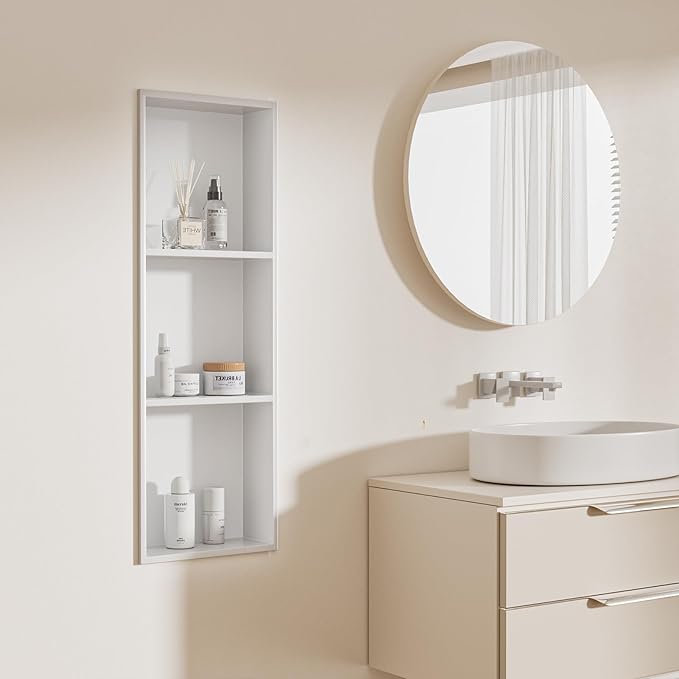 No Tile Needed Shower Niche - 304 Stainless Steel Niche Shower with 3- Tier Shelves Recessed Wall Niches for Bathroom Storage (White, 36 X 12 X 4.13 Inches, 3)