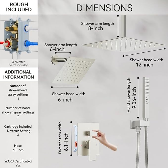 Rain Shower System Brushed Nickel,STARBATH Ceiling Mount 12'' Rain Shower Head and 6'' Rainfall Shower Head with Handheld Spray, 3 Way Shower Faucet Set with 5 Diverter and Trim Kit Complete