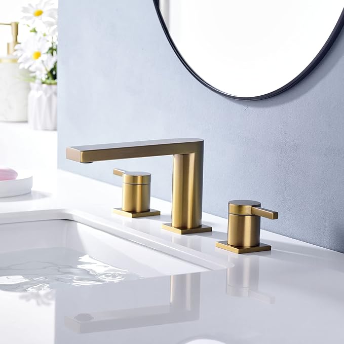 Luxury Brass Widespread Bathroom Sink Faucets with Copper Valve for 3 Hole 2-Handle 8 Inch Deck Bathroom Vanity Faucet, &Stainless Steel Pop-up Drain Assembly, Brushed Brass Gold