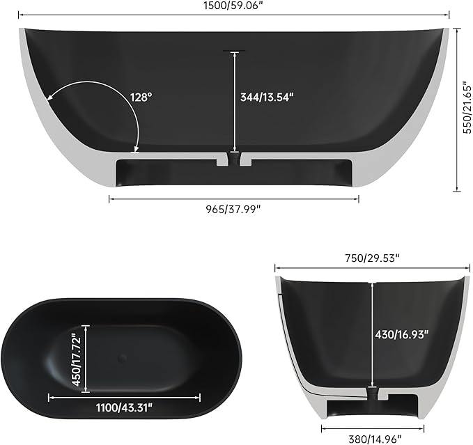 59" Premium Matte Black Solid Surface Freestanding Bathtub, Modern Design Stone Resin Bath Tub with Overflow and Pop-up Drain