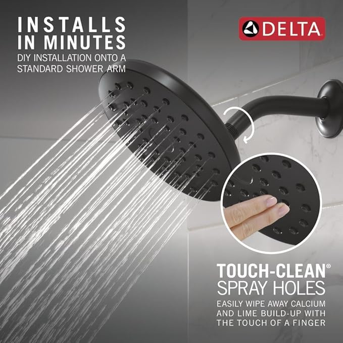 Delta PivotPro Matte Black Rain Showerhead, Single Setting 7 Inch Round Shower Head, Showerheads, 1.75 GPM Flow Rate, Matte Black 75104BL