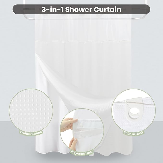 Inhousolu No Hook Shower Curtain with Snap in Fabric Liner Set Waffle Weave 230GSM Weighted Hem, Waterproof & Washable Bathroom Curtain Spa Luxury with Mesh Top Window 72" W x 72" L White