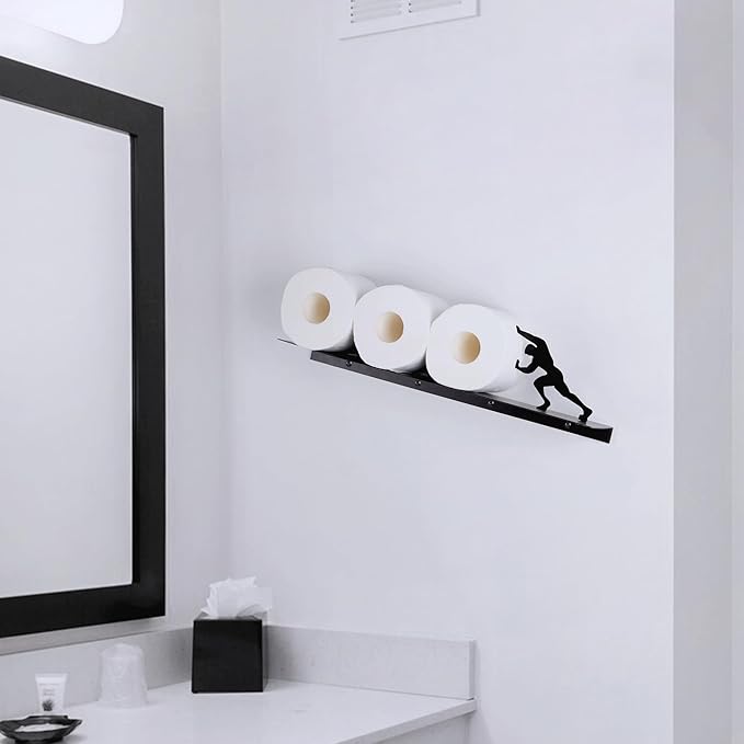 Multifunctional Wall-Mounted Toilet Paper Holder Shelf – Heavy-Duty Metal Bathroom Storage & Decorative Art – Towel Rack, Tissue Organizer & Plant Display (Black)