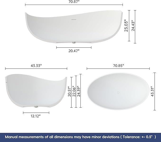 SJ STAR&JANE 71" Solid Surface Freestanding Bathtub, Oval Soaking Stone Resin Tub Couple Tub with Overflow and Pop-up Drain for Modern Bathrooms