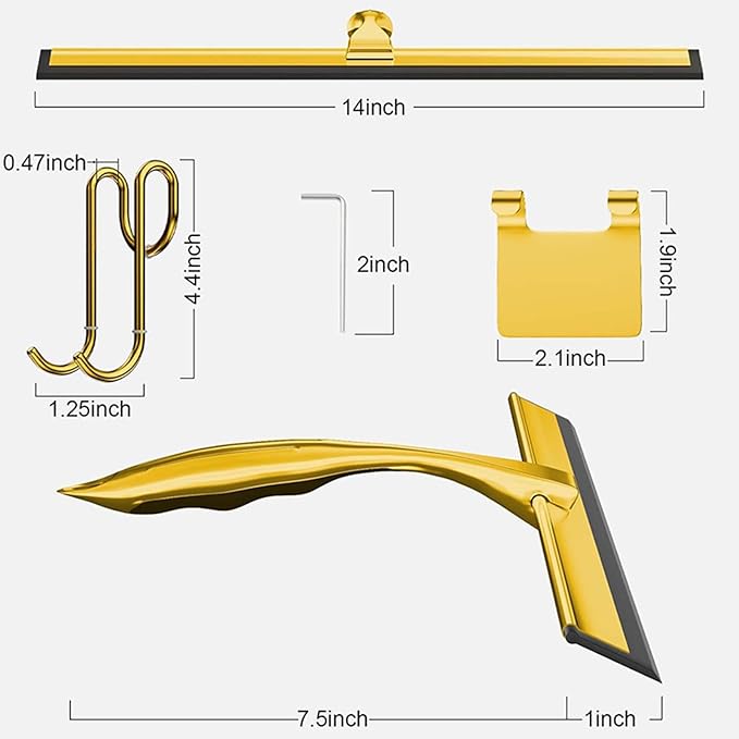 14-Inch Shower Squeegee, Stainless Steel Squeegee for Shower or Window Glass Door, Includes Two Spare Scrapers and one Adhesive Hook. (Gold, 14 in)