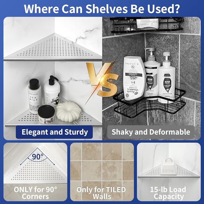 Corner Shower Shelf, 304 Stainless Steel 12" Brushed Recessed Bathroom Shelf, Grout in Shelf for Tiled Wall, Large Size