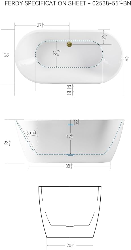 FerdY Bali 55" Freestanding Bathtub, Glossy White Freestanding soaking tub with Polished Gold Drain & Integrated Slotted Overflow, cUPC Certified…