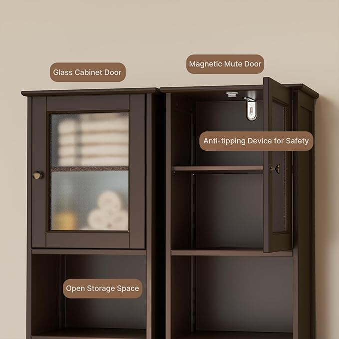 Gizoon Tall Bathroom Storage Tower, Freestanding Linen Cabinet with Two-Way Doors, Adjustable Shelves, Anti-Tip Floor Cabinet, for Home, Kitchen, Living Room, Dark Brown