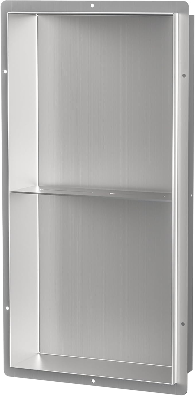Bathroom Wall Niche, Stainless Steel Shower Niche 12" X 24", Rimless Recessed Wall Shelf for Bathroom, Double Shelves Bathroom Niche No Tile Needed, Brushed Nickel