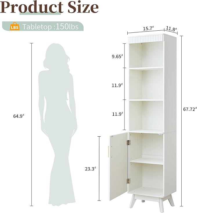 68" Tall Bathroom Storage Cabinet,Narrow Fluted Tower Cabinet with Door and Shelves,Slim Space Saving Storage Unit for Bathroom Kitchen Living Room (White, 11.8" D x 15.75" W x 68" H)