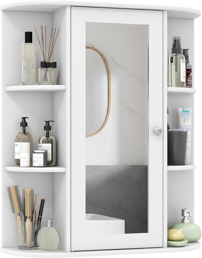 Tangkula Bathroom Medicine Cabinet, Wall Mounted Storage Cabinet with Mirror Door, Removable & 3 Adjustable Shelves, Wooden Hanging Wall Mirror Cabinet for Bathroom Living Room Laundry (White)