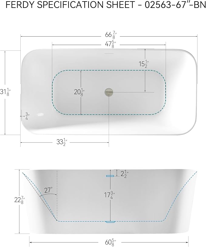FerdY Maui 67" Acrylic Freestanding Bathtub, Contemporary Elegant Design Soaking Tub with Brushed Nickel Drain and Minimalist Linear Design Overflow, Easy to Install, 02563