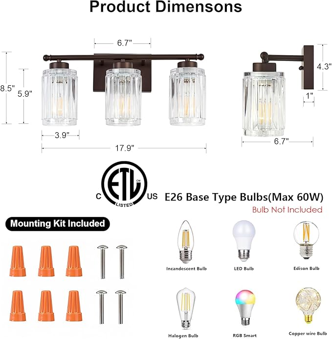 3 Light Bathroom Light Fixtures Modern ORB 18 Inch Vanity Lights for Bathroom Lighting Fixtures Over Mirror with Thickened Glass Shade for Cabinet Mirror Bedroom Hallway
