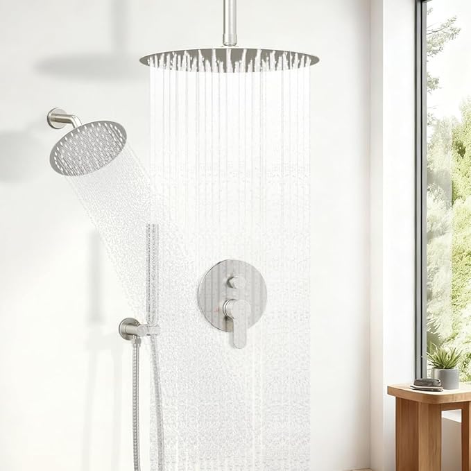 Shower Systems Shower Faucet Sets STARBATH 3 Way 12+6" Round Dual Rainfall Shower Head with Handheld Spray, Ceiling Mounted Rain Shower Valve with 5 Diverter and Trim Kit Complete, Brushed Nickel