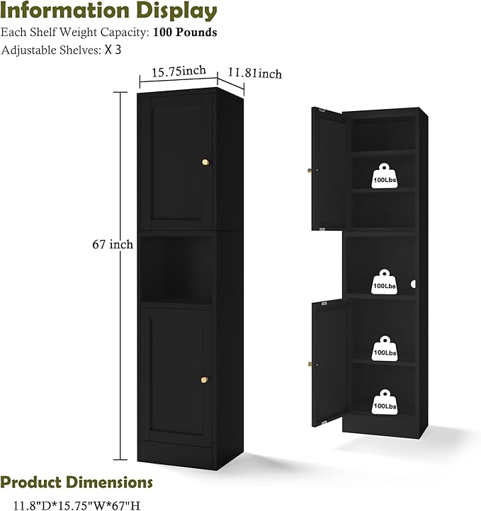 COFaR 67" Tall Metal Bathroom Storage Cabinet,6-Tier Freestanding Linen Tower with 2 Doors,Narrow Slim Metal Locker Storage Cabinet for Small Spaces,Modern,Black