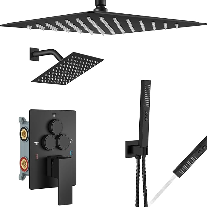 Aolemi Shower Faucet Set Ceiling Mount Shower System Rough-in Valve and Shower Trim Kit 16 and 6 Inch Dual Shower Head 2 in 1 Handheld Spray Push Button Diverter Matte Black