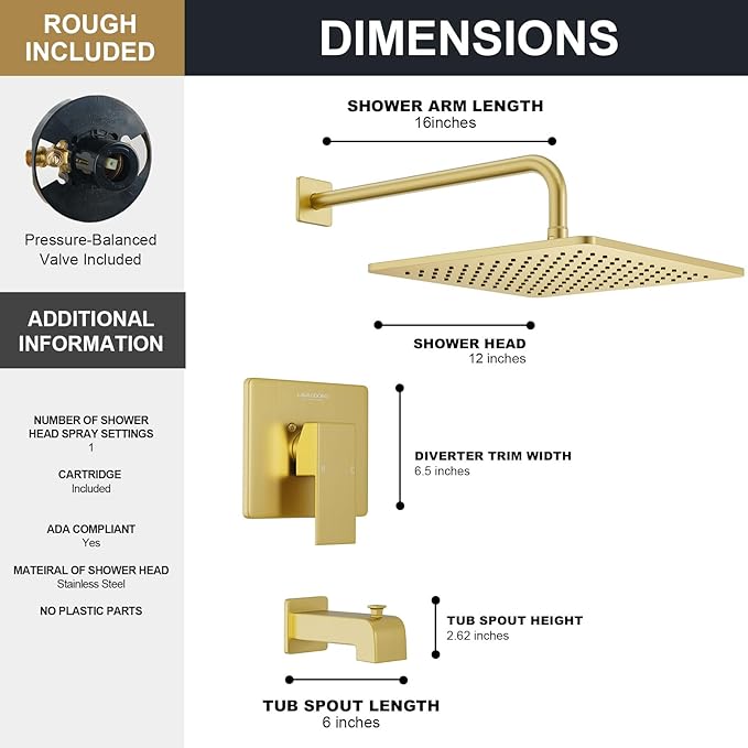 Lava Odoro 12-inch Square Bathtub and Shower Faucet Set Brushed Gold, Shower Trim Kit with Rough-in Valve High Pressure Gold Rainfall Shower Head and Handle Set, (Valve Included), SF106-SG-T
