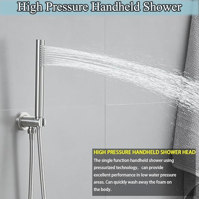 Brushed Nickel Round Shower Faucet Set with Body Jets 10 Inch Shower Head Handheld Shower Combo Set High Pressure Ceiling Mount with Rough-in Valve