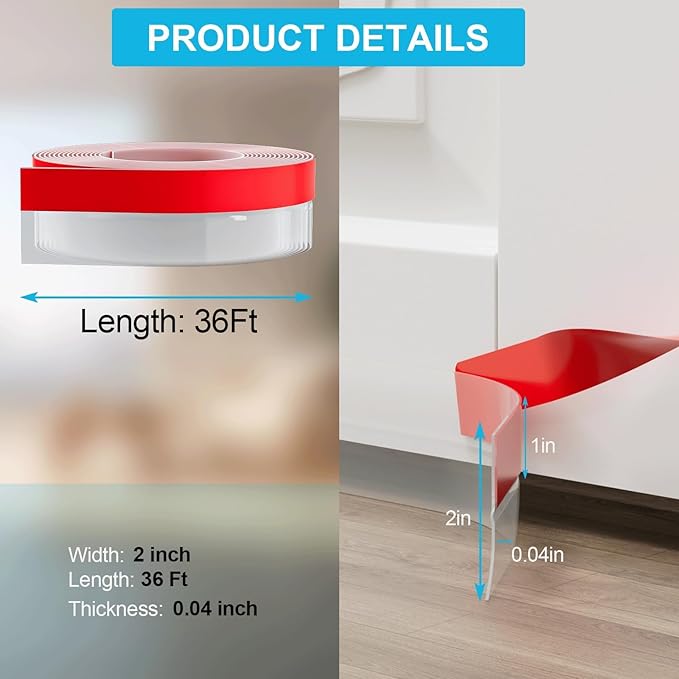 36FT Weather Stripping Door Seal - 2" Silicone Door Draft Seal Tape for Gaps Under Door Weatherstripping Sweep Stopper for Bottom of Shower Door/Sliding Glass Door