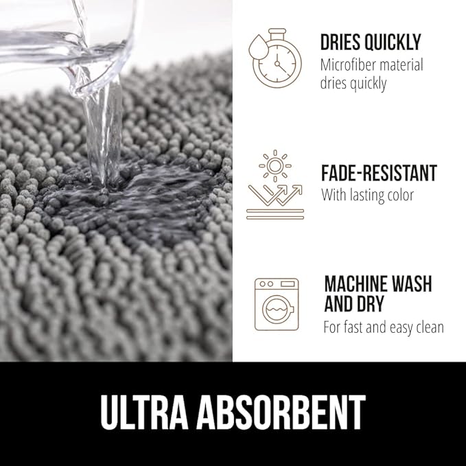 GORILLA GRIP Bath Rug Mat 60x17, Thick Soft Absorbent Chenille, Quick Dry Microfiber Mats, Rubber Backing Washable Shower Floor Rugs, Bathmat Runner, US Designed Bathroom Home Decor Accessories Grey