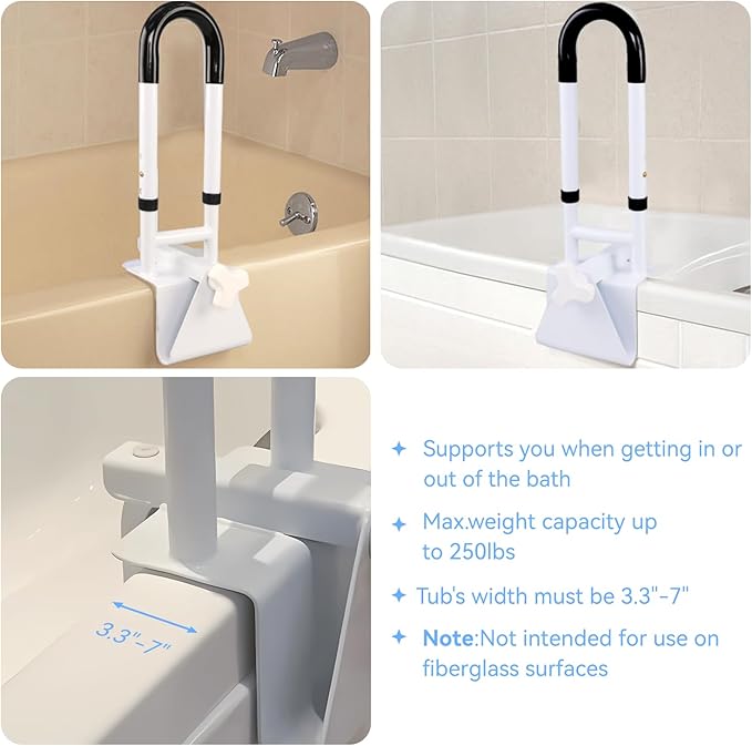 Adjustable Bathtub Grab Bars for Seniors, Tub Handle Grab Bar for Elderly Bath Support, Bathtub Safety Rail, Height and Width Adjustable