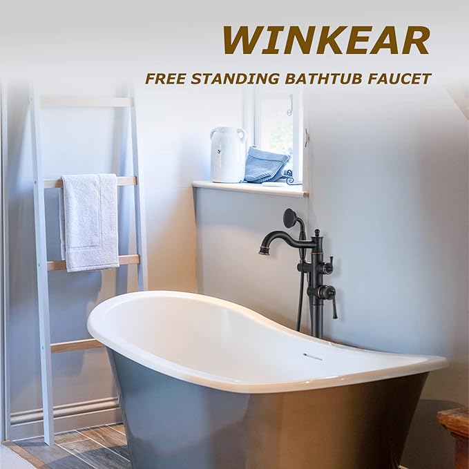 Freestanding Floor Mount Tub Filler with Handheld Shower Roman Bathtub Faucet by ORB Finish, Swivel Spout with Brass Rough-in and Water Hose