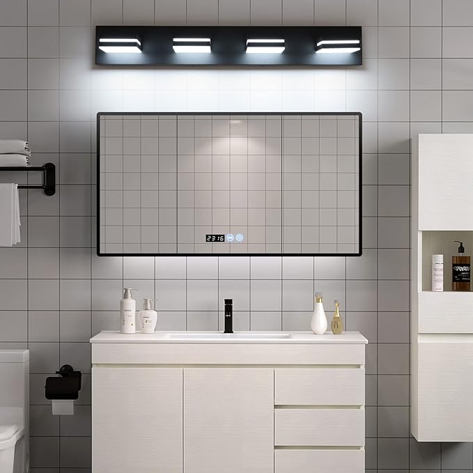 SineRise LED Modern Bathroom Vanity Light Fixtures (4-Light, 30-Inch), Matte Black Modern Acrylic Bathroom Wall Lighting Fixtures Over Mirror (Cool White 6000K)