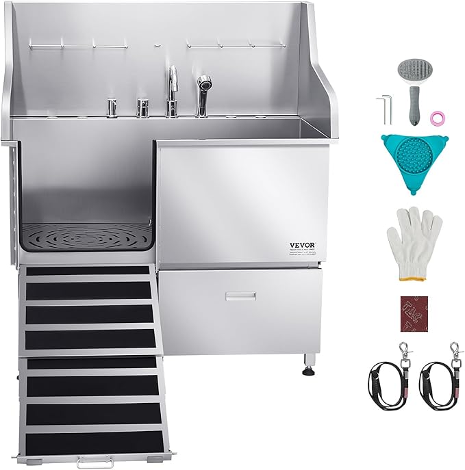 VEVOR Dog Bath Tub, Professional 50 Inch 304 Stainless Steel Dog Washing Station Anti-Slip Ramp & Storage Drawer, Hot Cold Water Faucet and Showerhead for Large Medium Small Dogs (Left Door)