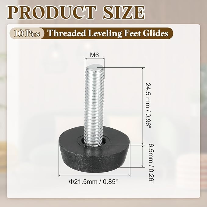 PATIKIL 10 Pcs M6 x 24.5mm Thread Adjustable Furniture Levelers, Furniture Feet Levelers Screw on Steel Screw in Threaded Leveling Feet Glides for Table Chair Cabinet Patio Legs