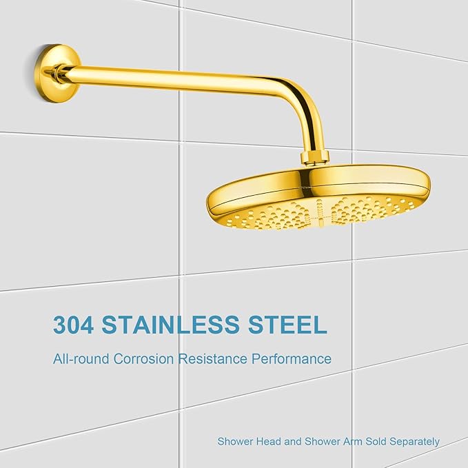 OFFO Shower Arm with Flange, 16 in Bright Gold Wall Mount Replacement Angle Shower Head Arm Wall-Mounted For Fixed Shower Head & Handheld Showerhead