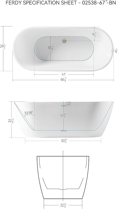 FerdY 67" Bali Acrylic Freestanding Bathtub, Gracefully Shaped Freestanding Soaking Bathtub, cUPC Certified, Toe-Tap Brushed Nickel Drain and Minimalist Linear Design Overflow Included