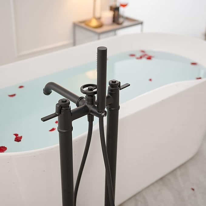 Freestanding Bathtub Faucet Matte Black Floor Mount Tub Filler with Handheld Shower Two Handle High Flow Rate Mixer Tap Bathroom Tub Faucet