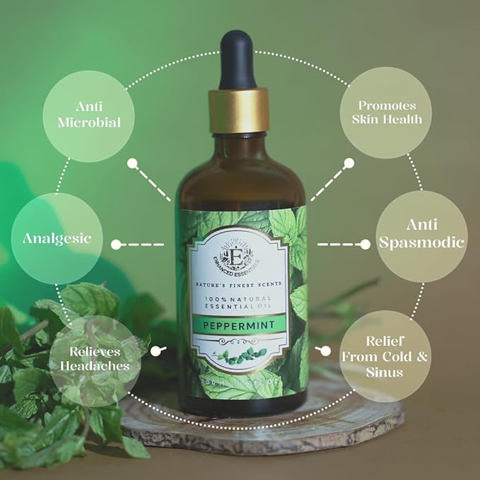 Luxurious Peppermint Essential Oil by Enhanced Essentials|Slow Distilled,Highly Concentrated & Pure Oils for Home,Diffusers,Skin & Hair Care,Aromatherapy|Ideal for Businesses|3.38 fl oz (100 ml)