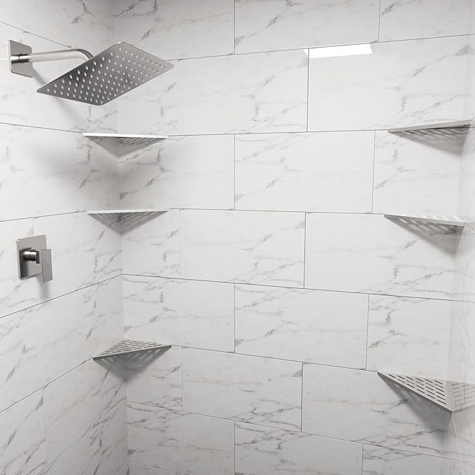 POPFLY 10" Silver Stainless Steel Corner Shower Shelf 2PCS, 304 SS Recessed Bathroom Shelves for Tile Walls, No Drilling Needed, Floating Shower Caddy with Drainage Slots, PF7501L