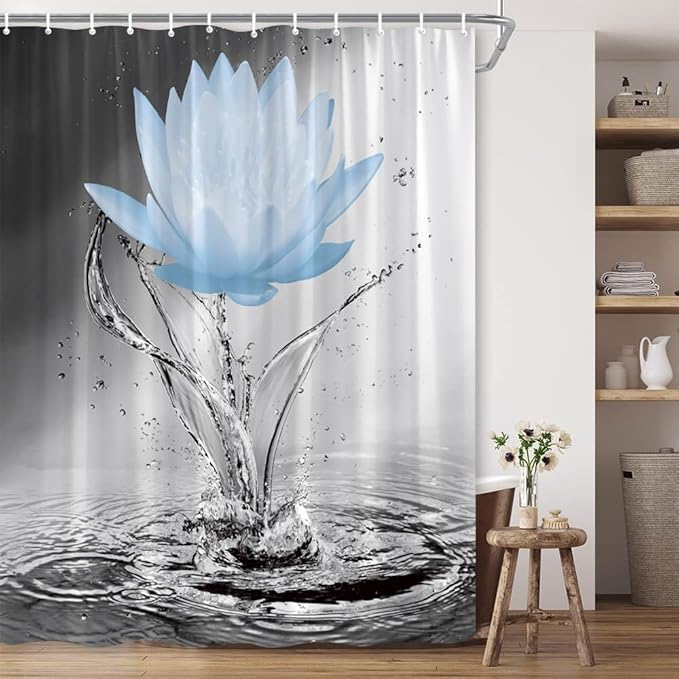 Lotus Shower Curtain Black White Grey Blue Flower Elegant Blooming Floral with Dew Spring Flower Reflection on Water Modern Romantic Polyester Fabric Bathroom Decor 70×84 Inch with Hook