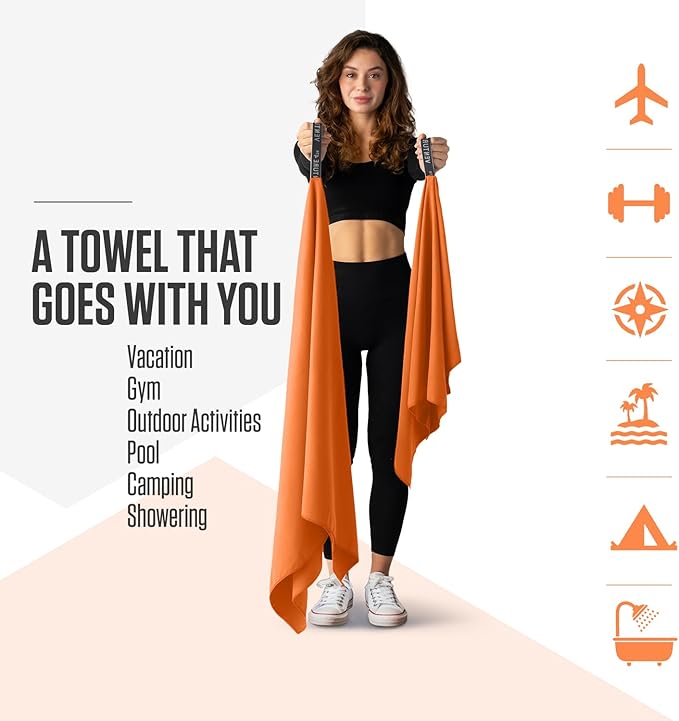 VENTURE 4TH Quick Dry Towel. Microfiber Travel Towel Ideal for Camping, Hiking, Backpacking, Gym. Lightweight & Fast Drying Travel Towels for Body. Compact & Easy to Pack - Orange Extra Large