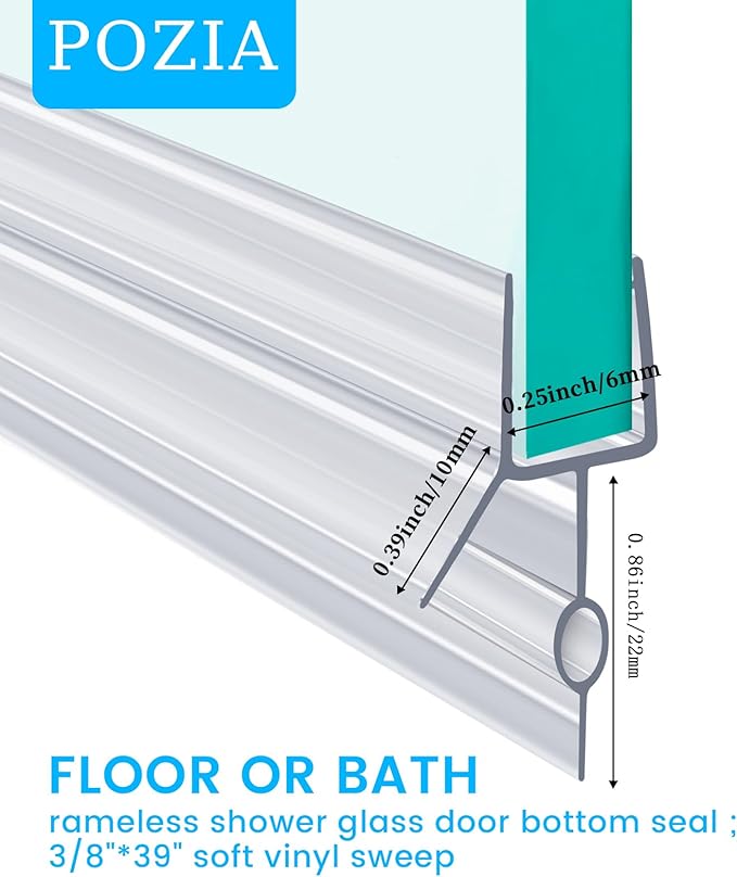 POZIA Clear Frameless Glass Shower Door Bottom Seal | Shower Door Sweep for Leak-Proof, Quick Installation to Create Reliable Water Barrier (1PACK-1/4in-22mm Gap)