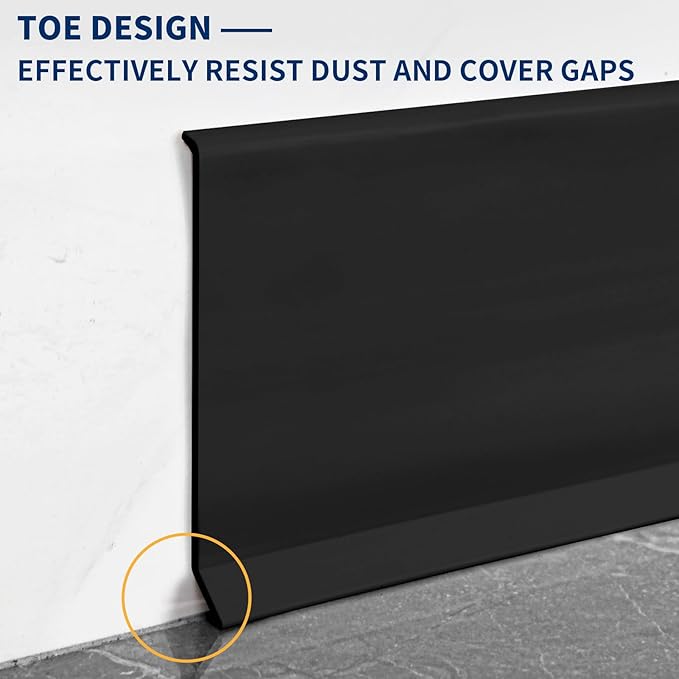 Flexible Baseboard Molding Trim 6 Inch Self-Adhesive Vinyl Wall Base Peel and Stick Cove Base Rubber Wall Baseboard Moulding Trim (20Ft, Black)
